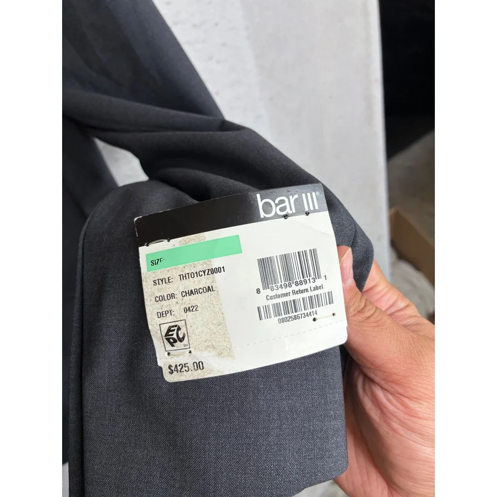 NWT Bar III Mens Slim Fit Power Stretch Suit Jacket Charcoal Gray Wool Blend 46R